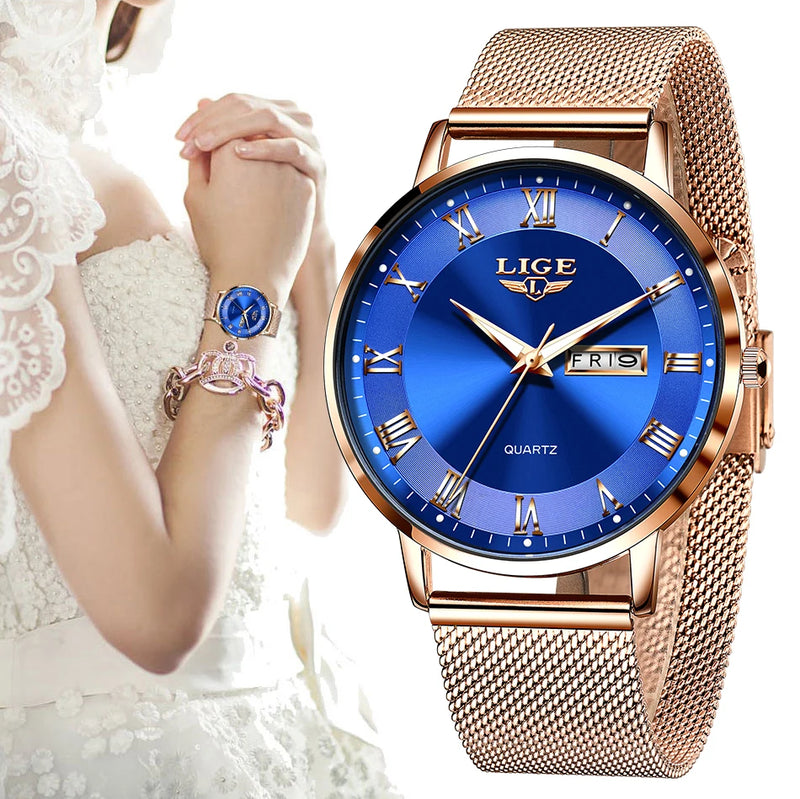Relógio LIGE de luxo feminino à prova d água