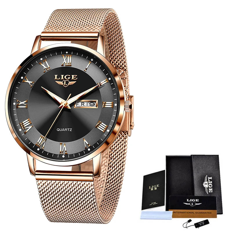 Relógio LIGE de luxo feminino à prova d água