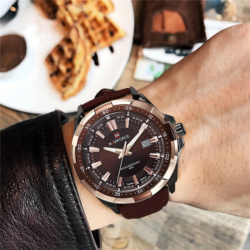 Relógio NAVIFORCE quartzo pulseira de couro perfil moderno, casual e esportivo
