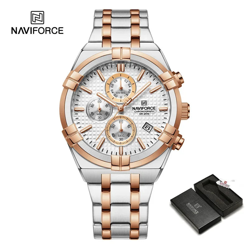Relógio Naviforce modelo superior luxo pulseira de aço inoxidável e quartzo