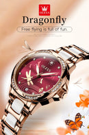 Relógio Olevs  automático de luxo, pulseira de cerâmica, à prova d'água, luminoso, design de libélula, feminino