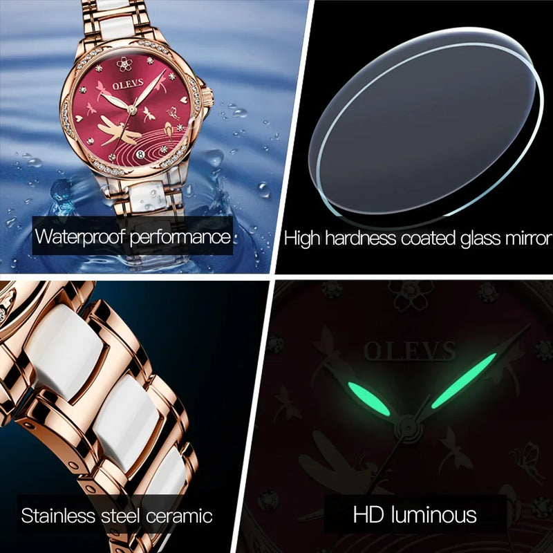 Relógio Olevs  automático de luxo, pulseira de cerâmica, à prova d'água, luminoso, design de libélula, feminino