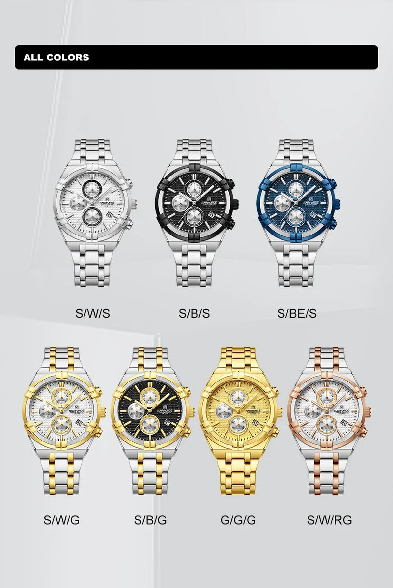 Relógio Naviforce modelo superior luxo pulseira de aço inoxidável e quartzo