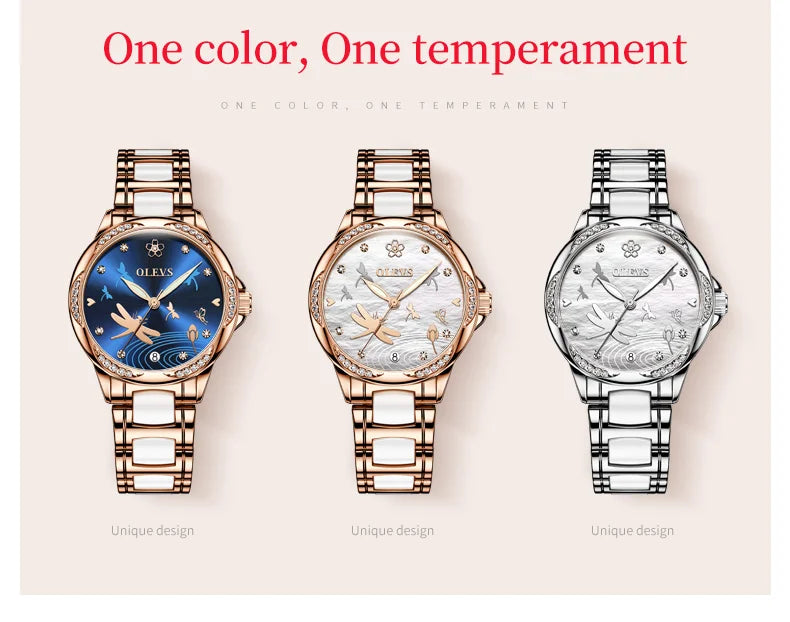 Relógio Olevs  automático de luxo, pulseira de cerâmica, à prova d'água, luminoso, design de libélula, feminino