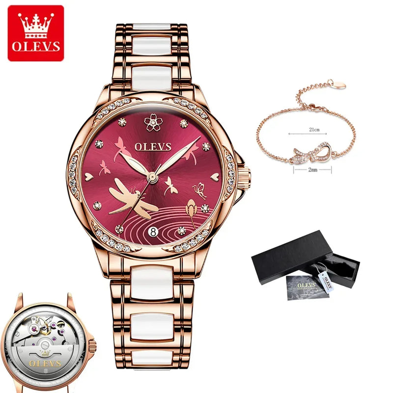 Relógio Olevs  automático de luxo, pulseira de cerâmica, à prova d'água, luminoso, design de libélula, feminino