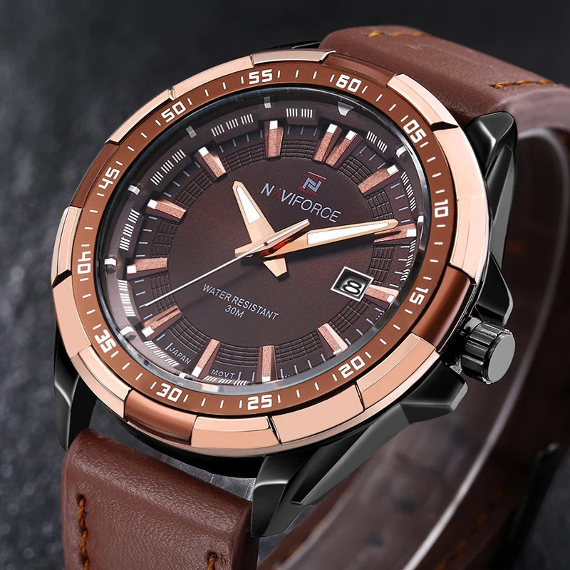 Relógio NAVIFORCE quartzo pulseira de couro perfil moderno, casual e esportivo