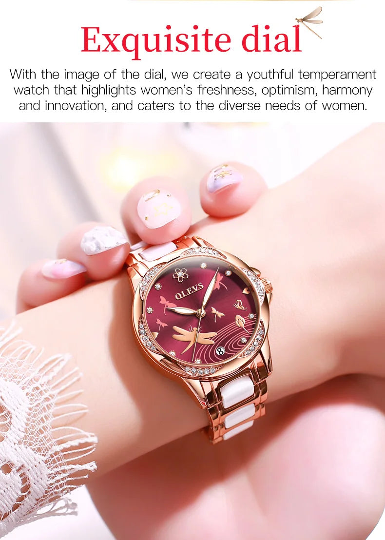 Relógio Olevs  automático de luxo, pulseira de cerâmica, à prova d'água, luminoso, design de libélula, feminino