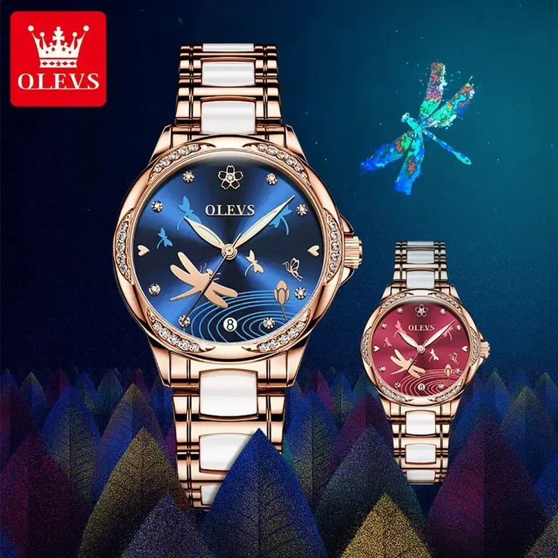 Relógio Olevs  automático de luxo, pulseira de cerâmica, à prova d'água, luminoso, design de libélula, feminino