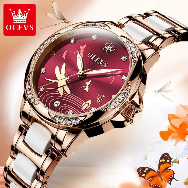 Relógio Olevs  automático de luxo, pulseira de cerâmica, à prova d'água, luminoso, design de libélula, feminino