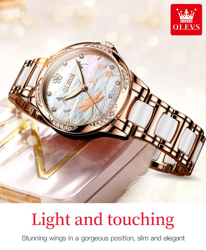 Relógio Olevs  automático de luxo, pulseira de cerâmica, à prova d'água, luminoso, design de libélula, feminino