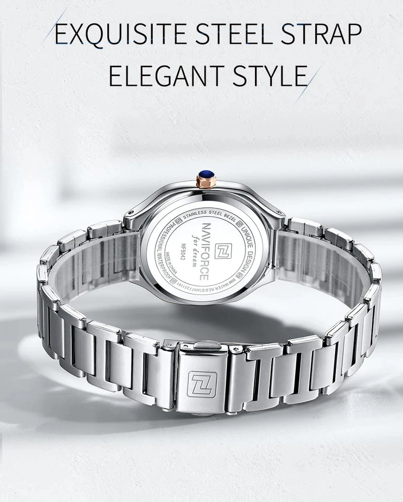 Relógio feminino NAVIFORCE luxo  de quartzo à prova d'água com pulseira de aço inoxidável