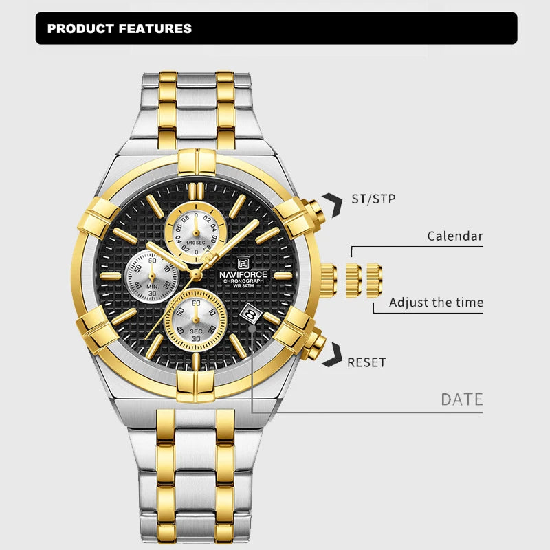 Relógio Naviforce modelo superior luxo pulseira de aço inoxidável e quartzo