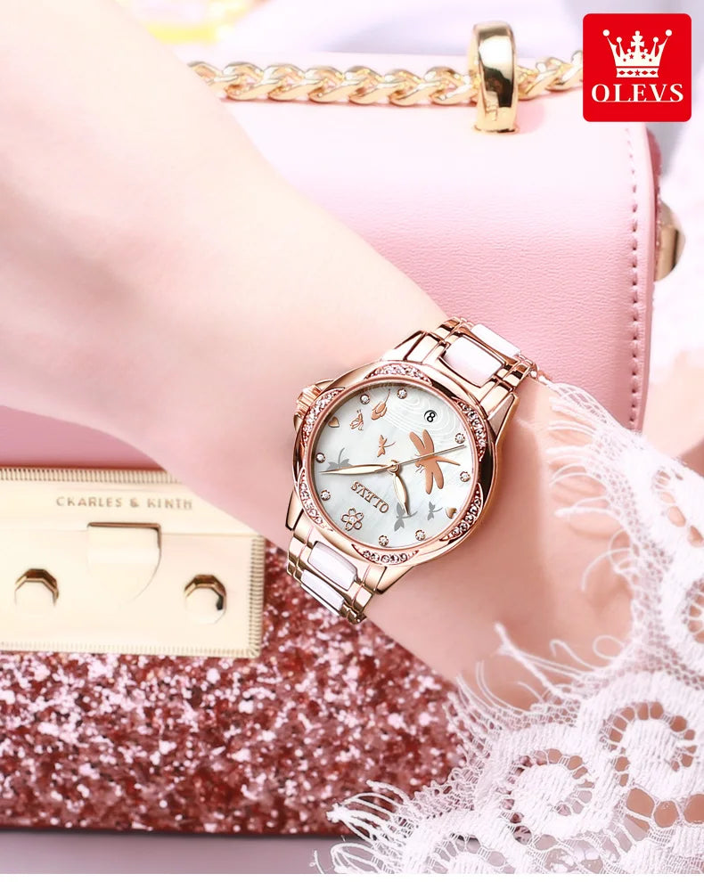 Relógio Olevs  automático de luxo, pulseira de cerâmica, à prova d'água, luminoso, design de libélula, feminino