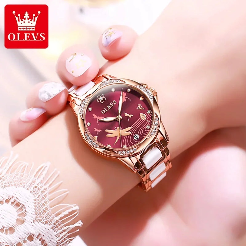 Relógio Olevs  automático de luxo, pulseira de cerâmica, à prova d'água, luminoso, design de libélula, feminino