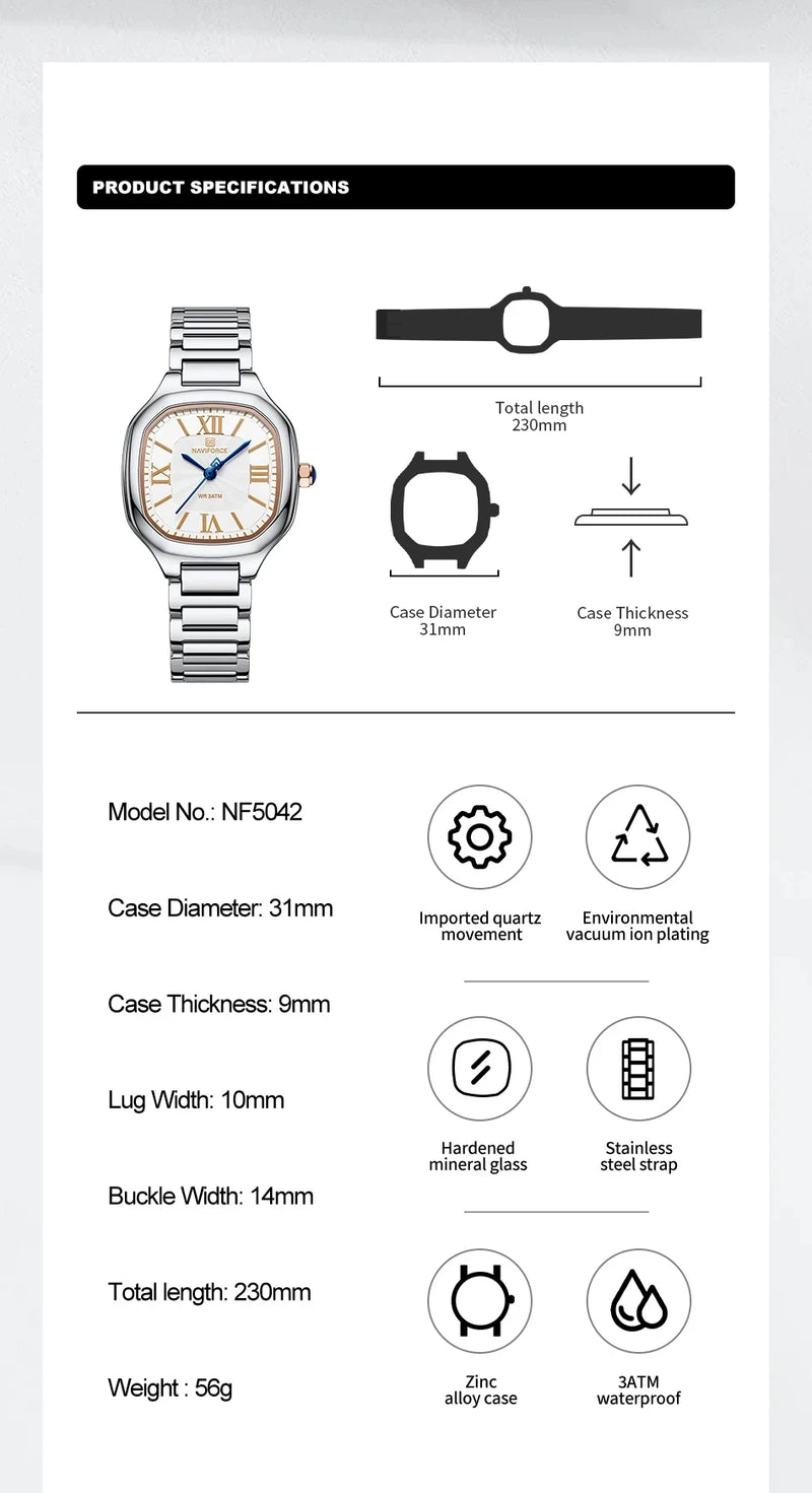 Relógio feminino NAVIFORCE luxo  de quartzo à prova d'água com pulseira de aço inoxidável