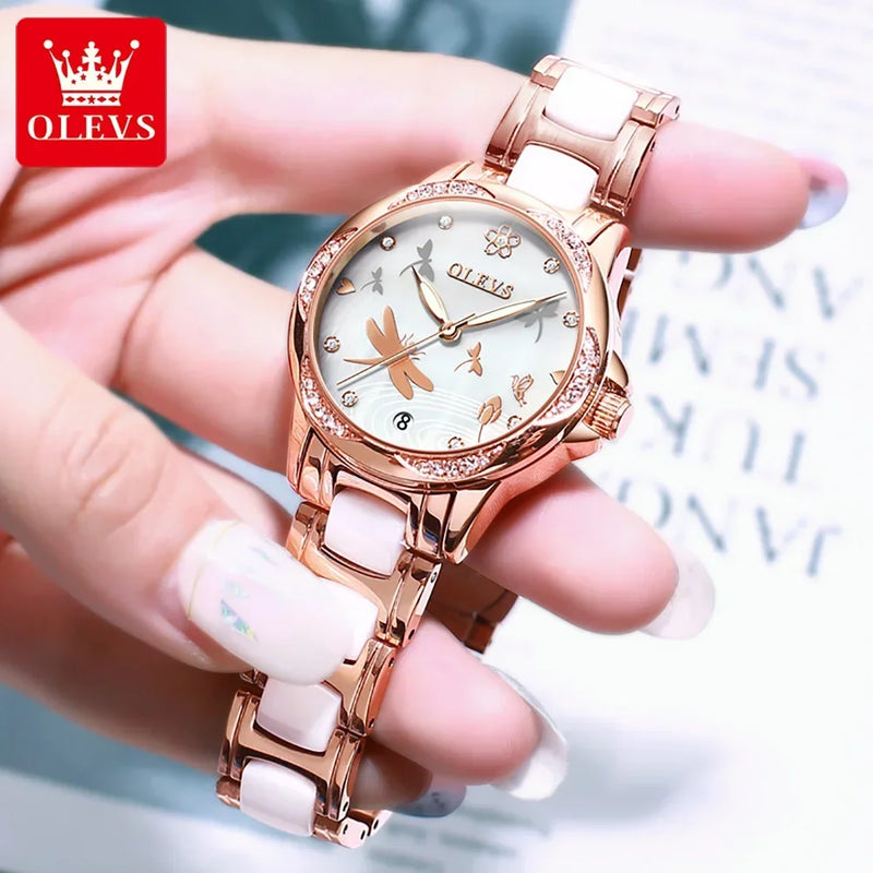 Relógio Olevs  automático de luxo, pulseira de cerâmica, à prova d'água, luminoso, design de libélula, feminino