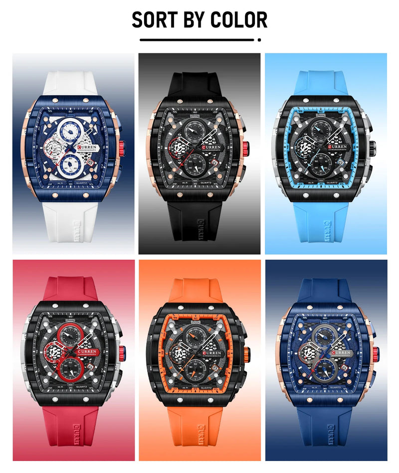 Relógio esportivo CURREN de quartzo à prova d'água com data automática e pulseira de silicone