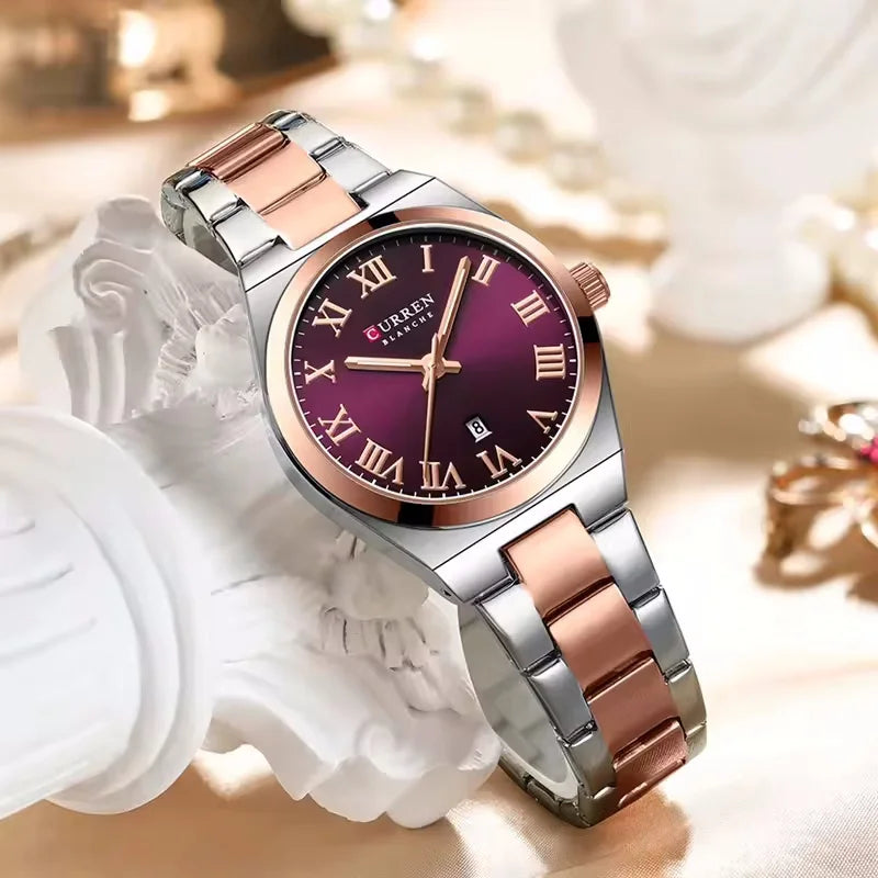 Relógio Curren de quartzo com mostrador romano original feminino de aço inoxidável