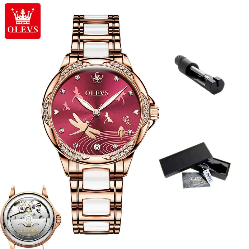 Relógio Olevs  automático de luxo, pulseira de cerâmica, à prova d'água, luminoso, design de libélula, feminino