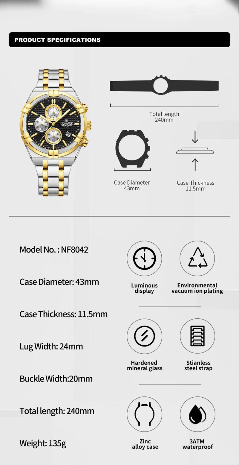 Relógio Naviforce modelo superior luxo pulseira de aço inoxidável e quartzo