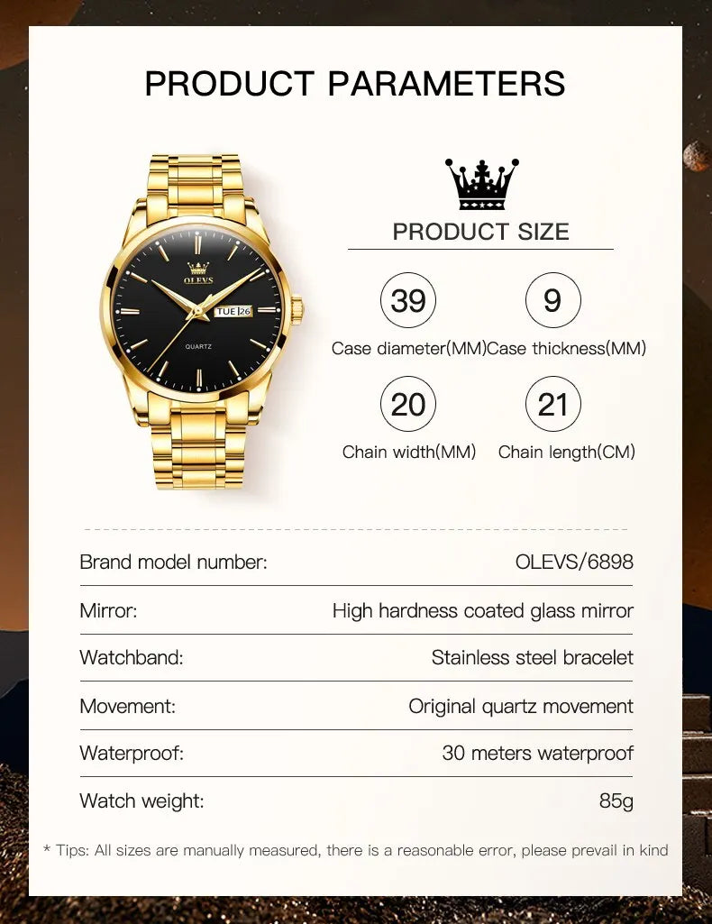 Relógio OLEVS Classic Gold  Luxo de Alta Qualidade  À Prova D'Água em Aço Inoxidável de Quartzo