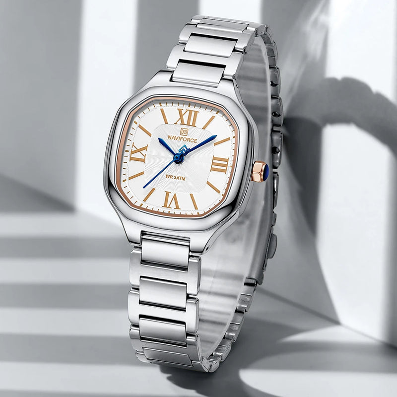 Relógio feminino NAVIFORCE luxo  de quartzo à prova d'água com pulseira de aço inoxidável