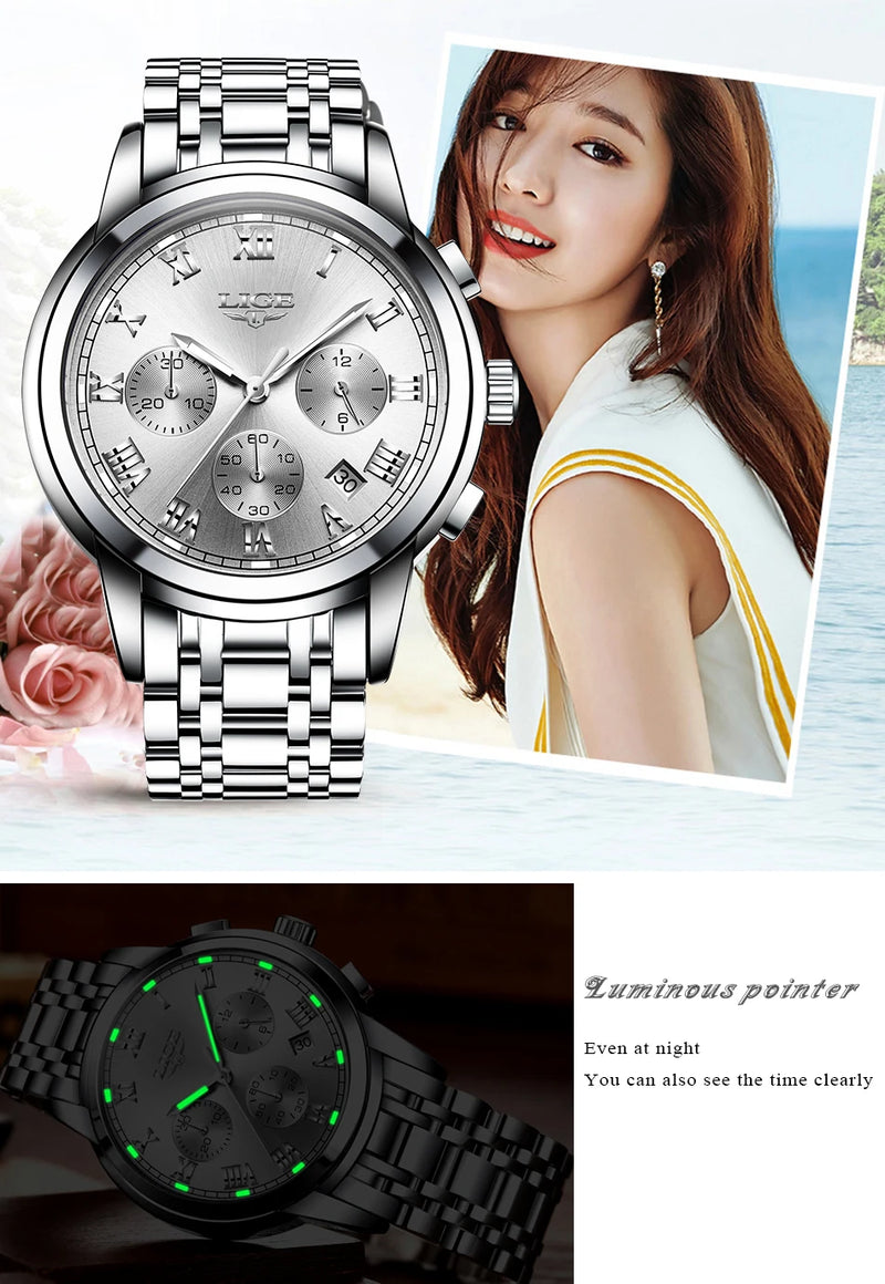 Relógio Lige Feminino pulseira de aço à prova d água