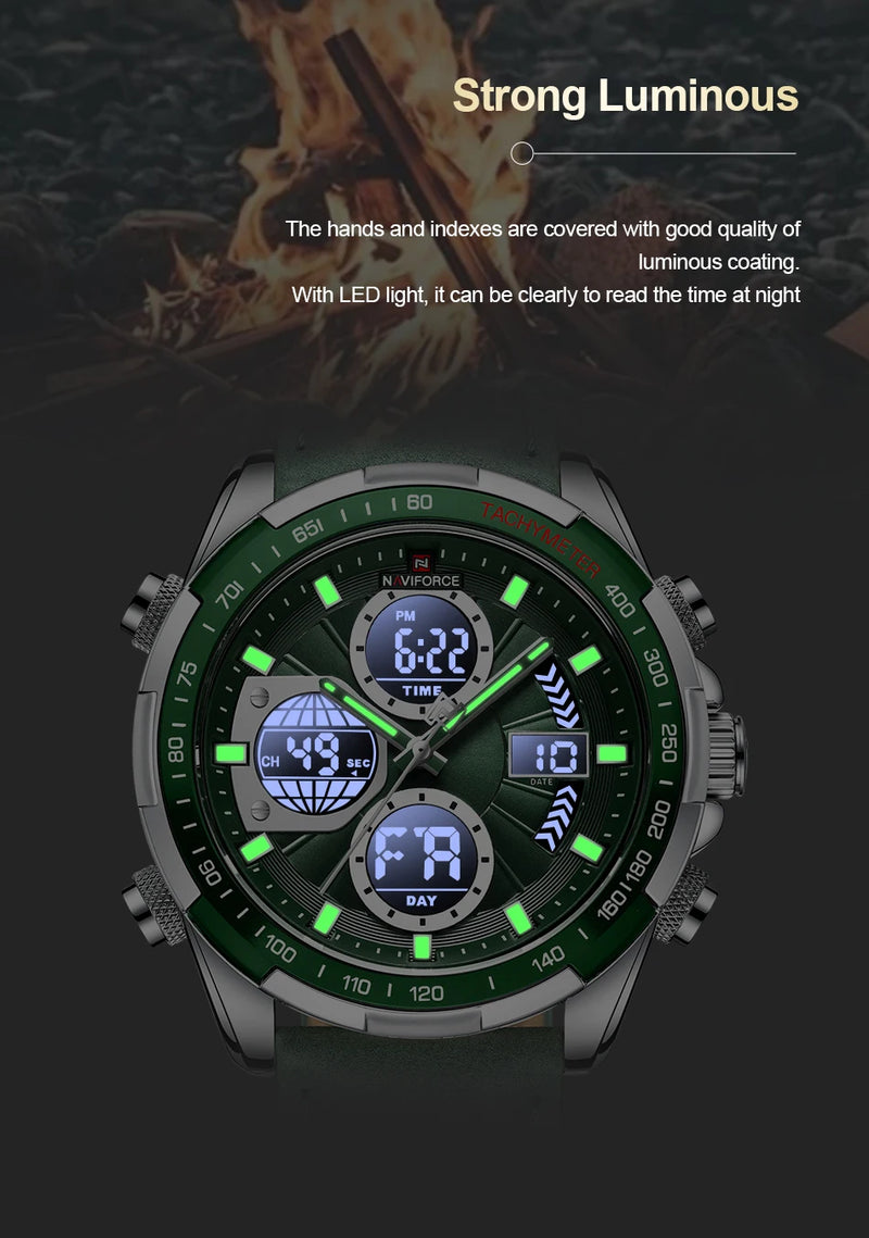 Relógios NAVIFORCE  Pulseira de Couro Verde À Prova D 'Água função Data do dia Display