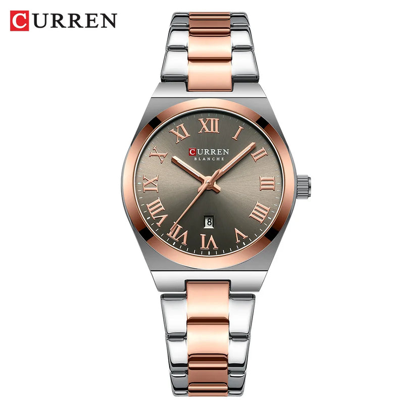 Relógio Curren de quartzo com mostrador romano original feminino de aço inoxidável