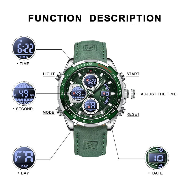 Relógios NAVIFORCE  Pulseira de Couro Verde À Prova D 'Água função Data do dia Display