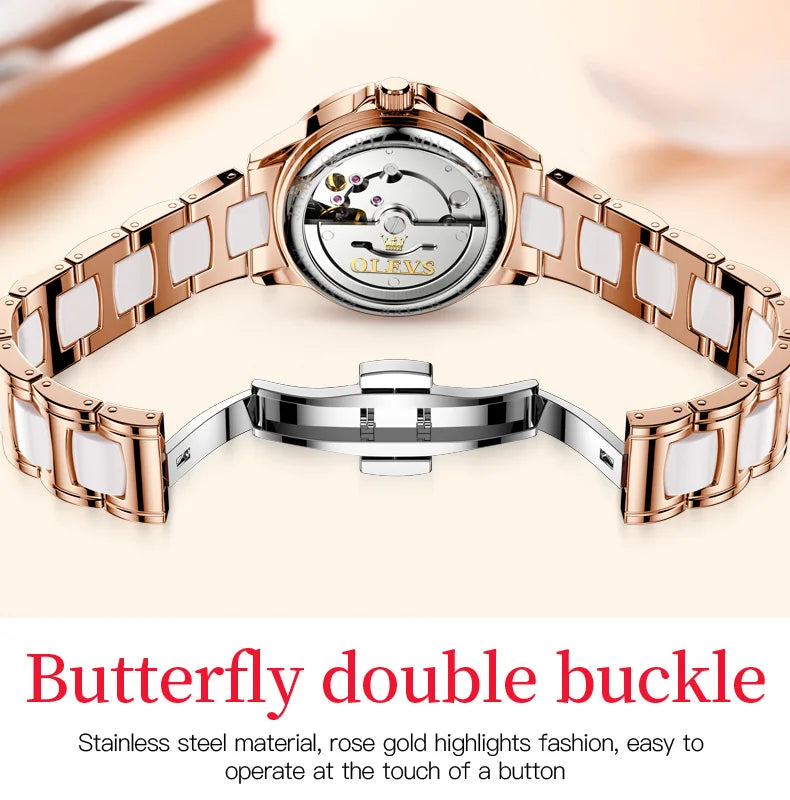 Relógio Olevs  automático de luxo, pulseira de cerâmica, à prova d'água, luminoso, design de libélula, feminino
