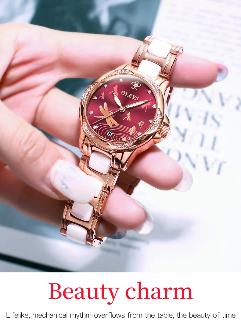 Relógio Olevs  automático de luxo, pulseira de cerâmica, à prova d'água, luminoso, design de libélula, feminino