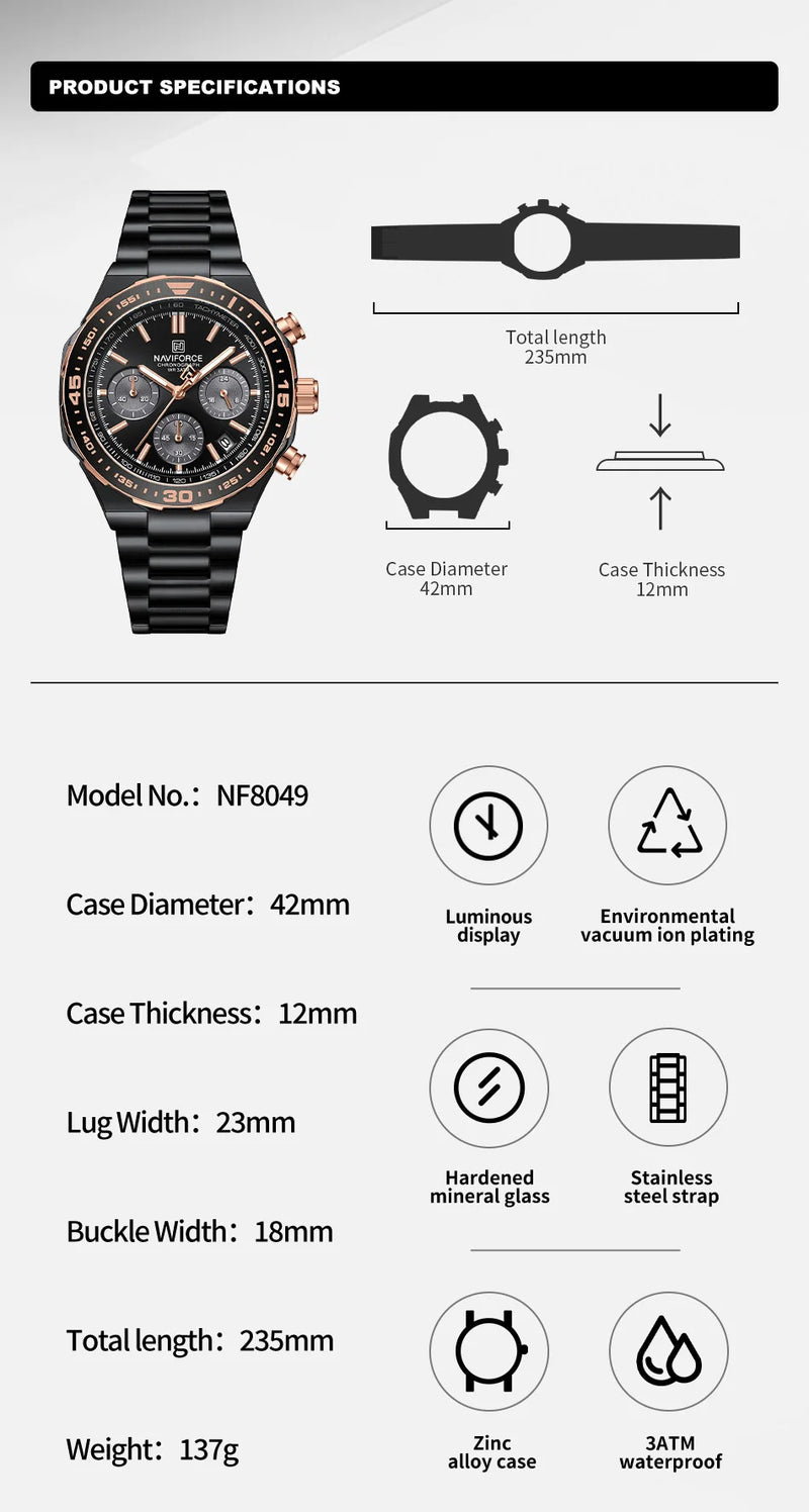 Relógio de Pulso À Prova D 'Água NAVIFORCE Multifunções Masculino  de Luxo